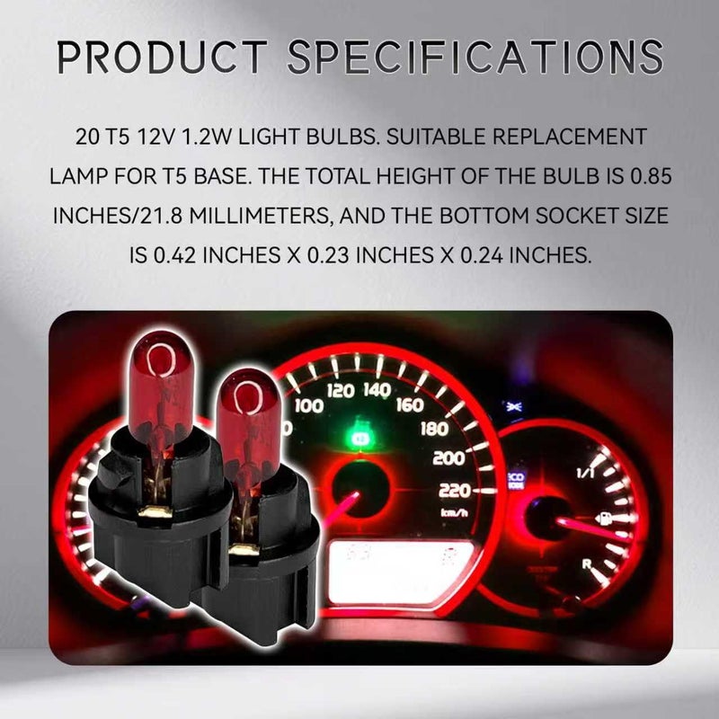 QQWD 20PCS T5 17 57 86 Halogen Instrument Cluster Bulbs Kits, 12V Dash Light for Car Interior, Automotive Replacement Gauge Cluster Panel Bulb with T5 Sockets, Universal Lighting Accessories（Red - Image 3